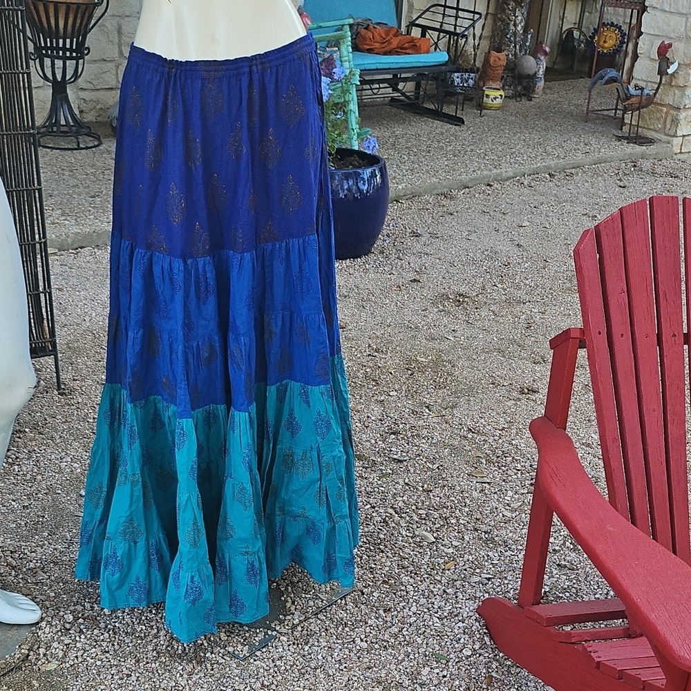 Gorgeous BIBI India Full Circle Tiered Maxi Cotton Skirt Printed Pattern Size S